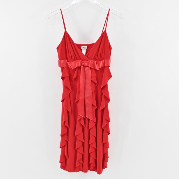 Vtg CACHE Dress Size 6 Red Babydoll Bow Flowy Ruffle Stretch Mini Sleeveless Y2k - Picture 2 of 12